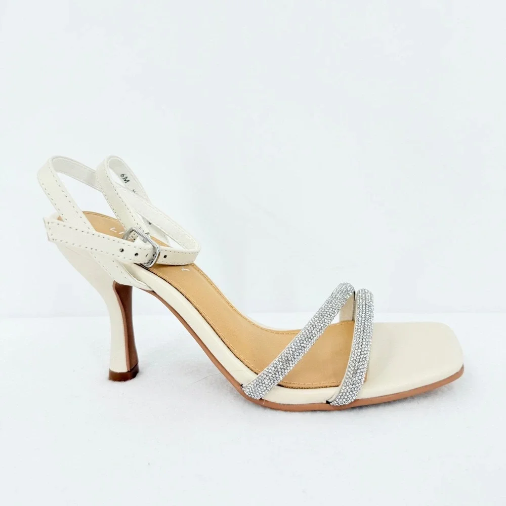 Lisa Vicky Gem V Women's Cream Square Toe Rhinestone Strap Heels Size 6M NWOB